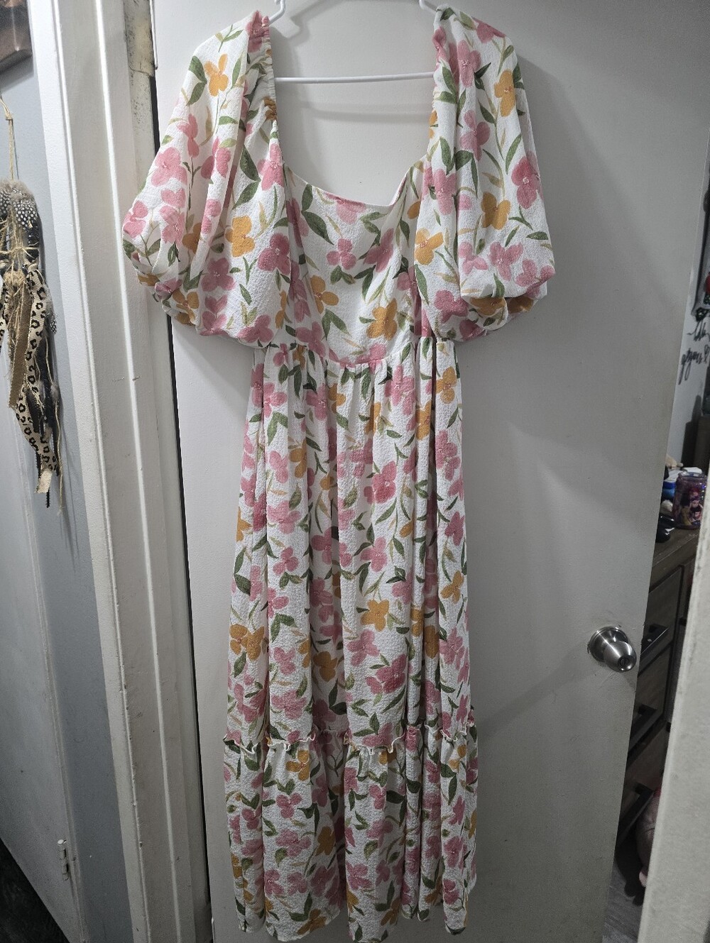Floral Puff-Sleeve Maxi Dress in Pink & Yellow